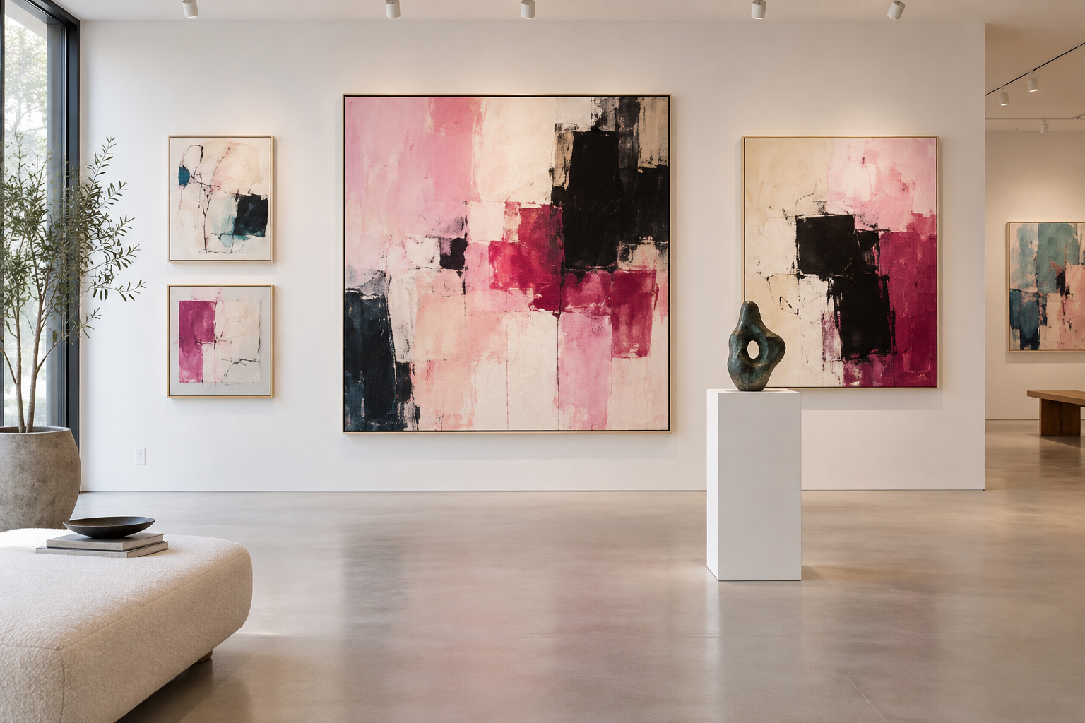 Contemporary abstract paintings and sculpture in a bright gallery.