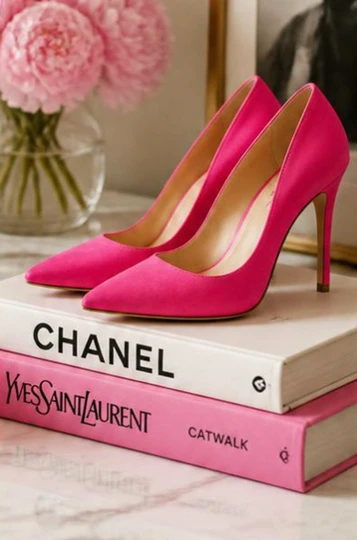 Hot-pink pumps resting on fashion books