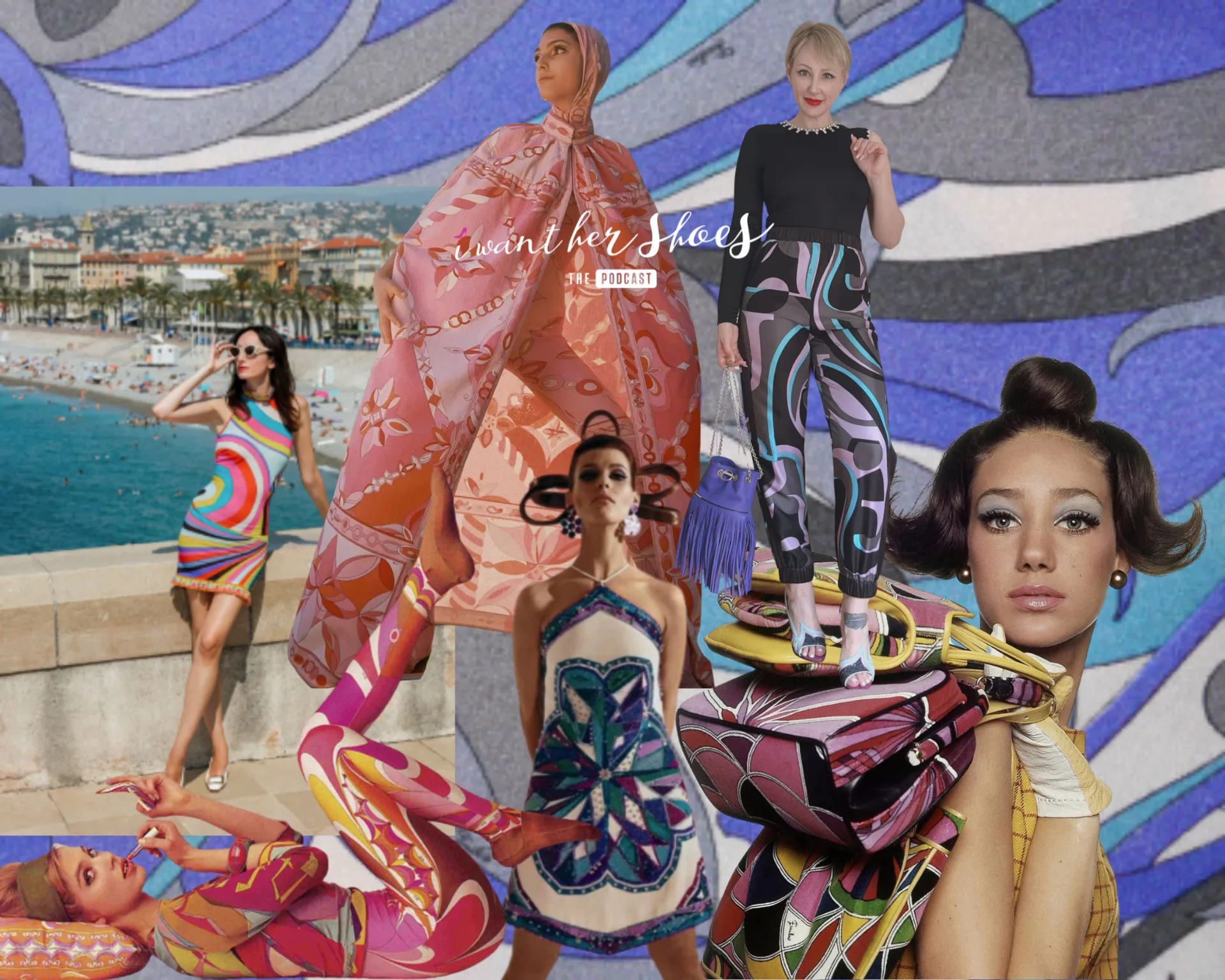 The Vol. 7 newsletter cover: printed resort looks collaged against a Riviera waterfront and painted mural