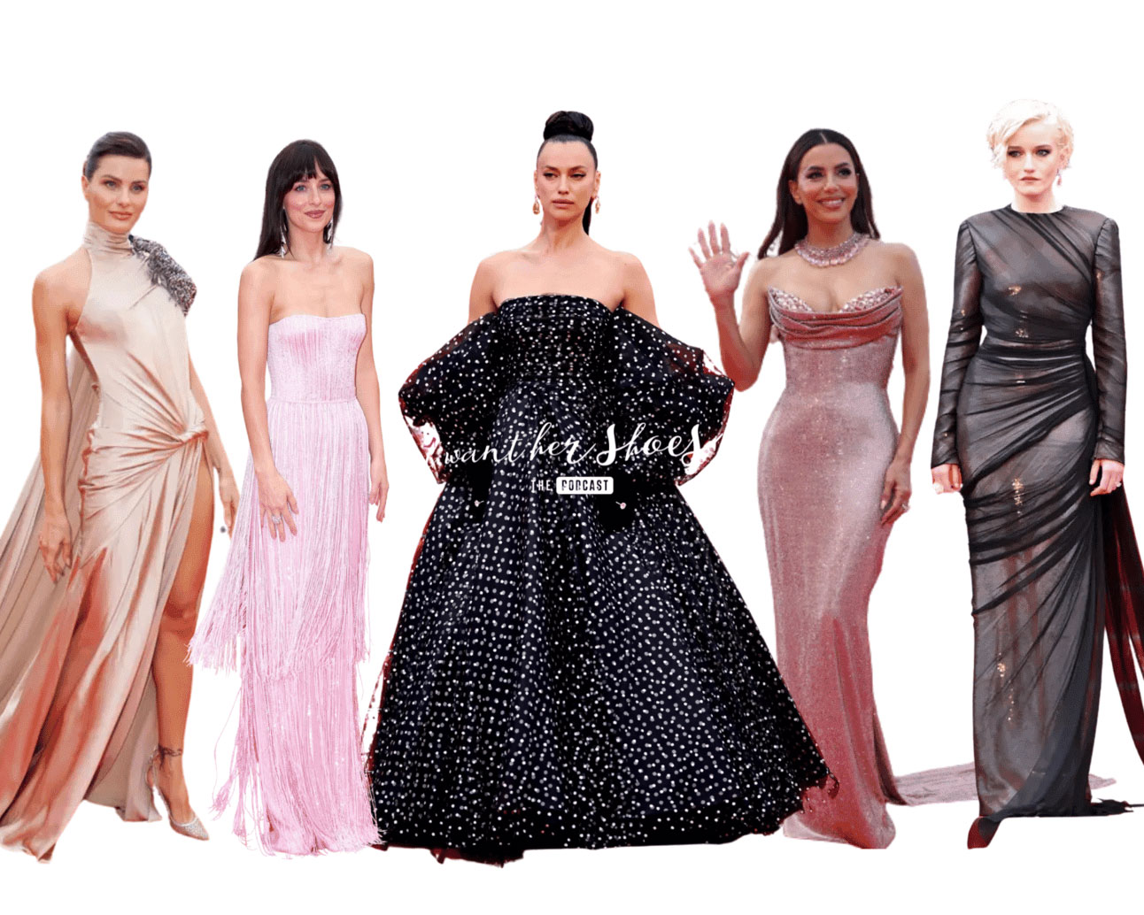 The Vol. 3 newsletter cover: blush, polka-dot and liquid-silver red carpet gowns side by side