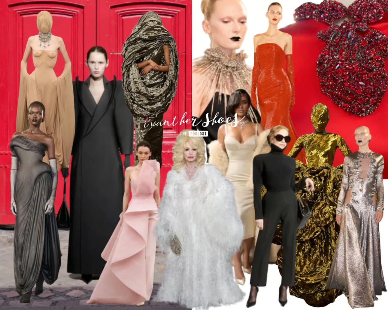 The Vol. 6 newsletter cover: a couture collage of sculptural gowns and tailoring against a red door