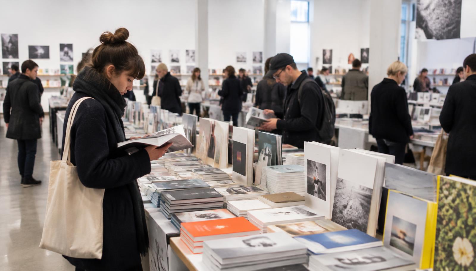 Visitors browsing tables of contemporary art books and zines at an art book fair
