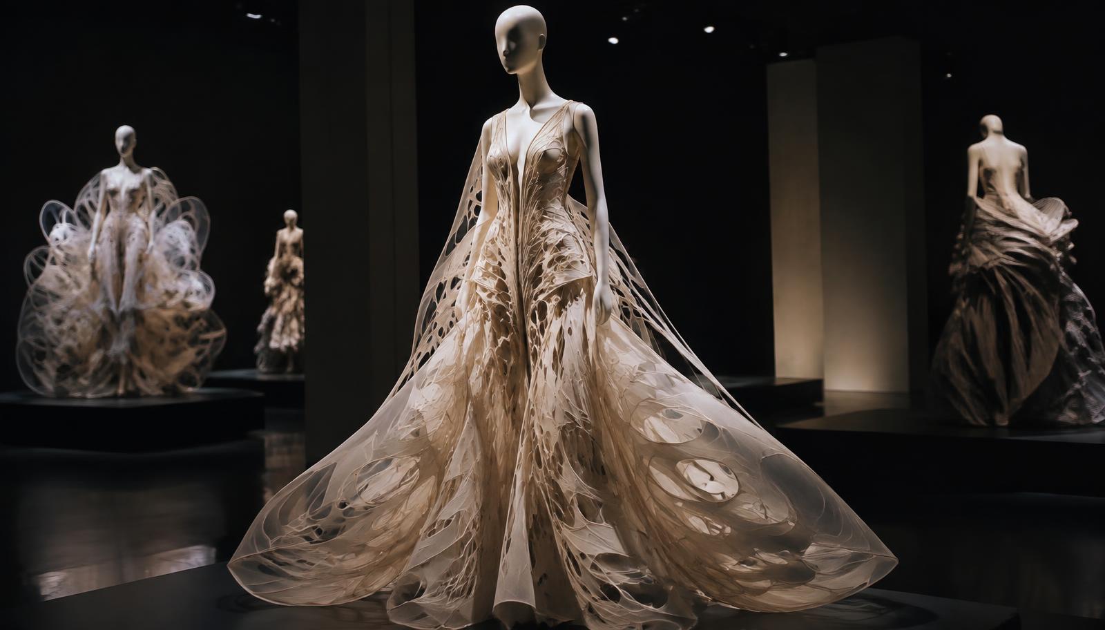 Sculptural laser-cut couture gowns on mannequins in a darkened museum exhibition gallery