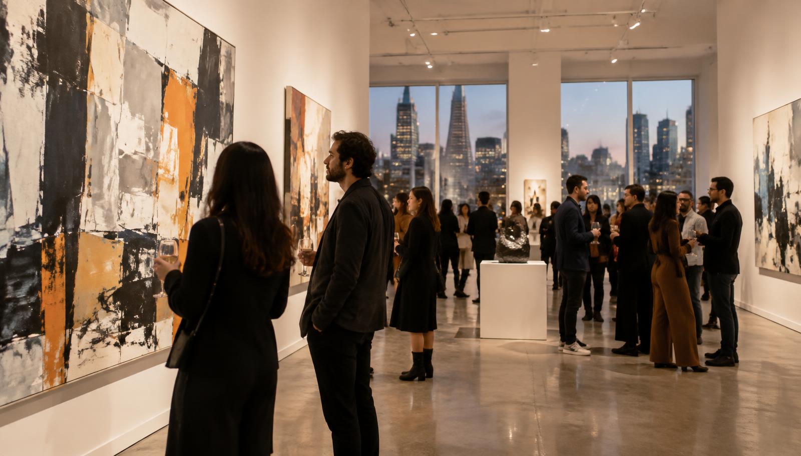 Guests viewing large abstract paintings at a San Francisco gallery opening during art week