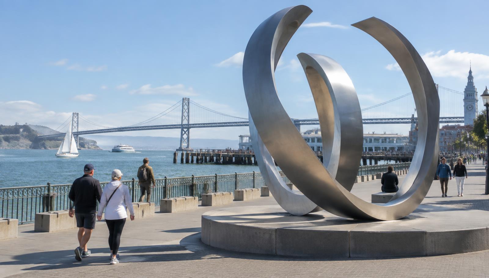 A large steel public sculpture on the San Francisco waterfront promenade with the Bay Bridge behind